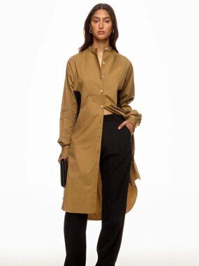 Diotima Minott Shirt Dress in Tan Khaki Long Sleeve Midi Dress Large L